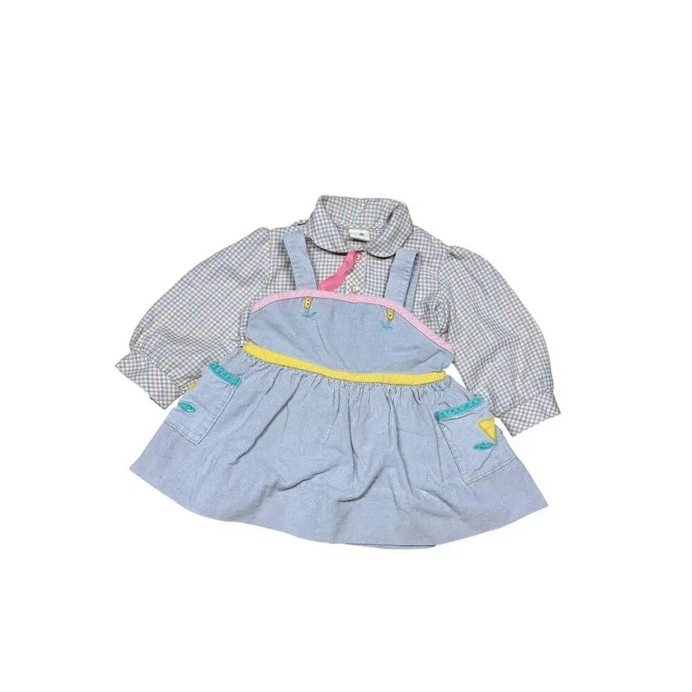 Vintage 70s Pastel Blue Pink Tulip Corduroy Romper + Plaid Shirt Set Baby 2T